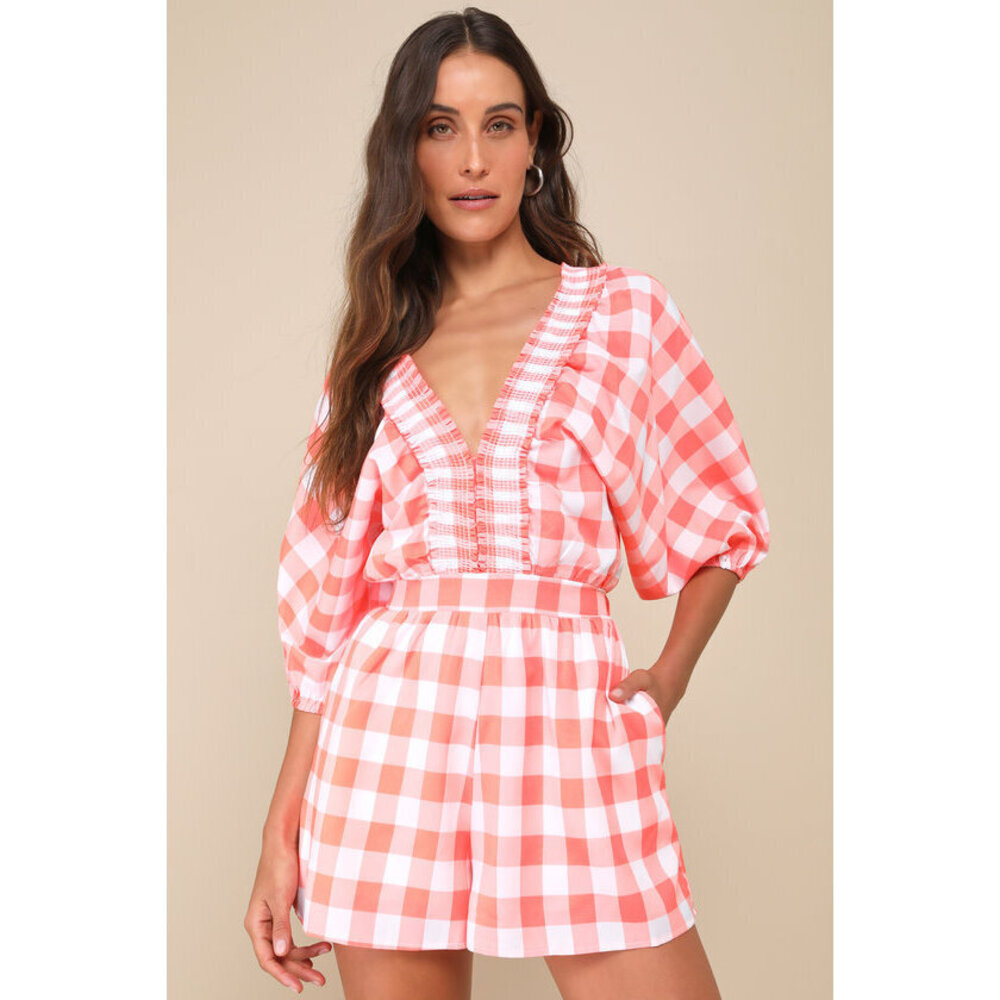 Lulus Cutest Viewpoint Neon Orange Gingham Dolman Sleeve V-neck Romper - Size L